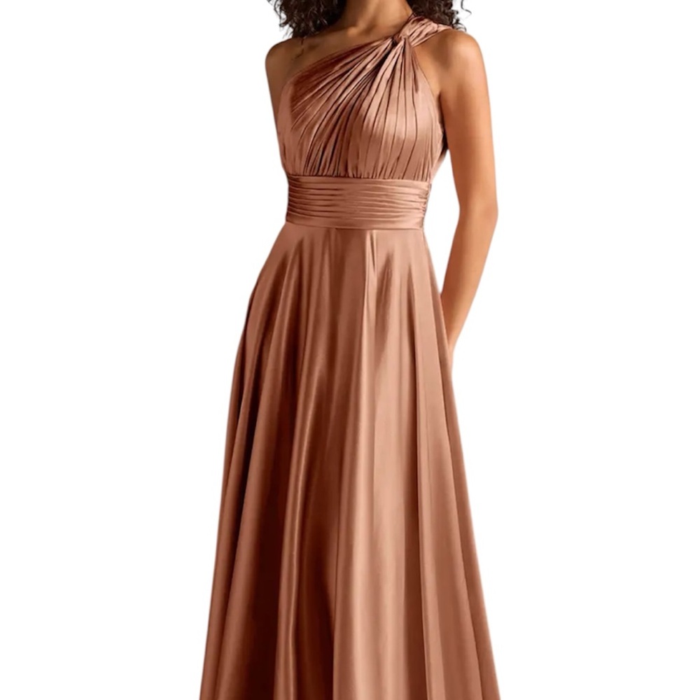 Azazie One-Shoulder Satin Gown in Copper Brown